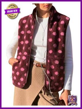 Sherpa Fleece Polka Dot Zip Up Vest Sleeveless Gilet